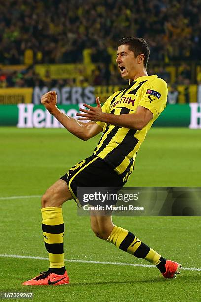 Robert Lewandowski of Borussia Dortmund celebrates scoring the opening goal during the UEFA Champions League semi final first leg match between...