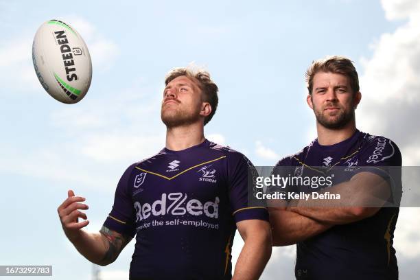 Cameron Munster and Christian Welch of the Storm pose for a portrait during a Melbourne Storm NRL media opportunity at AAMI Park on September 11,...