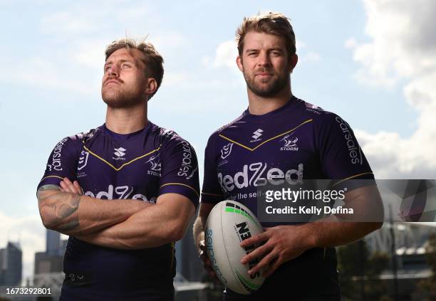 Cameron Munster and Christian Welch of the Storm pose for a portrait during a Melbourne Storm NRL media opportunity at AAMI Park on September 11,...