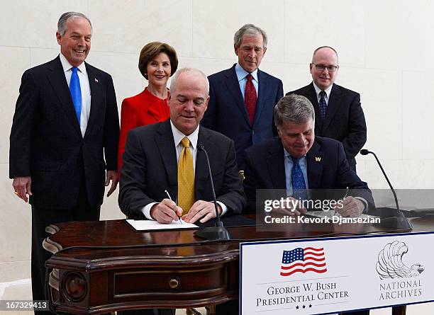 George W. Bush Presidential Center president, Ambassador Mark Langdale and national archivist David Ferriero sign a joint use agreement for the...