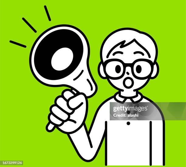 a studious boy with horn-rimmed glasses talking through a megaphone, looking at the viewer, minimalist style, black and white outline, voice of knowledge, educational roar, empowering education, spreading ideas, learning's echo - anime cheerleader stock illustrations