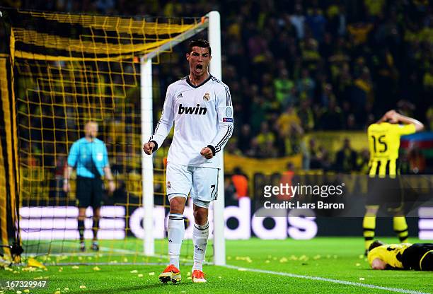 Cristiano Ronaldo of Real Madrid celebrates scoring their first goal during the UEFA Champions League semi final first leg match between Borussia...