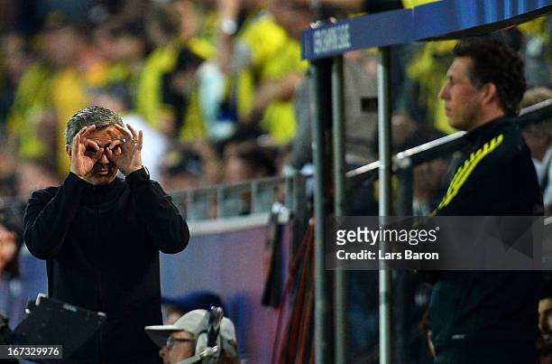 Head coach Jose Mourinho of Real Madrid gestures to the fourth official during the UEFA Champions League semi final first leg match between Borussia...