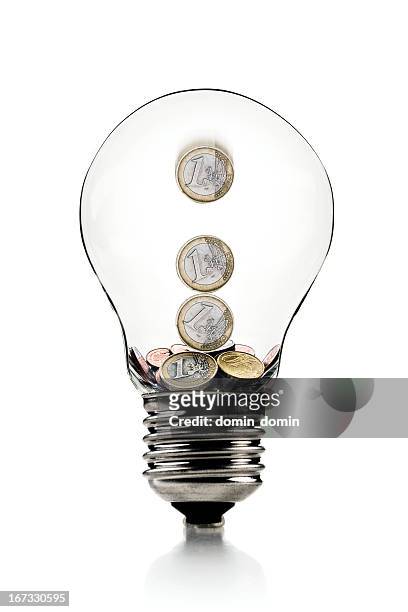 euro coins in light bulb, savings symbol, isolated on white - recessed lighting 個照片及圖片檔