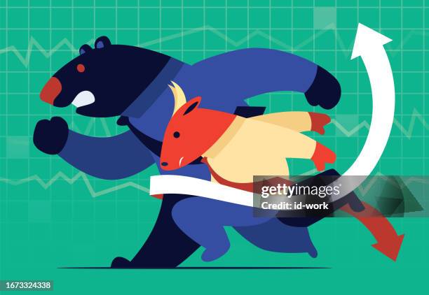 businessman bull winning bear - bull bear stock illustrations
