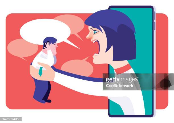 ilustrações de stock, clip art, desenhos animados e ícones de angry woman holding and blaming small businessman on smartphone - mãos nas orelhas