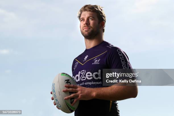 Christian Welch of the Storm poses for a portrait during a Melbourne Storm NRL media opportunity at AAMI Park on September 11, 2023 in Melbourne,...