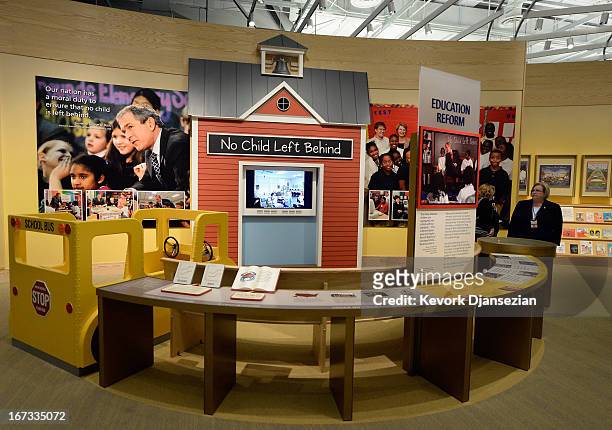 Display on the Bush administration's education reform is seen at the George W. Bush Presidential Center on the campus of Southern Methodist...