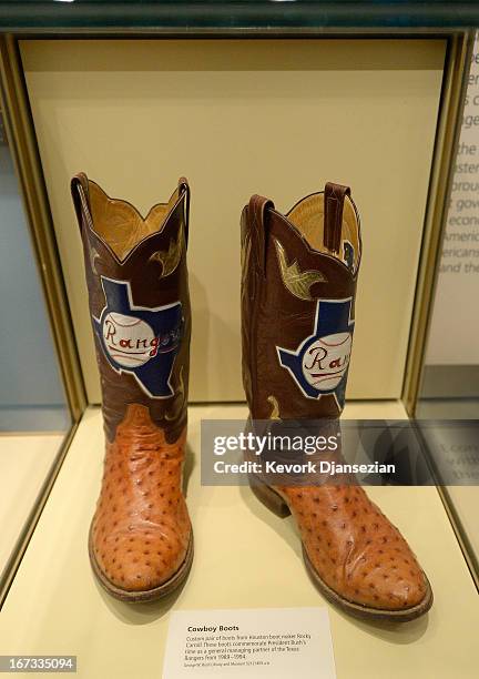 Boots commemorating George W. Bush's tenure as general managing partner of the Texas Rangers baseball team are displayed at the George W. Bush...