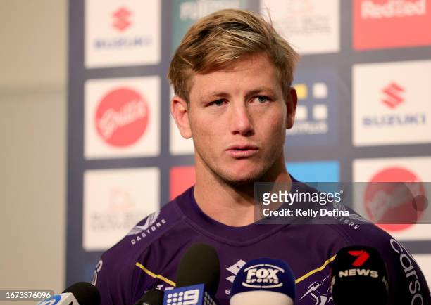 Harry Grant of the Storm speaks to media during a Melbourne Storm NRL media opportunity at AAMI Park on September 11, 2023 in Melbourne, Australia.