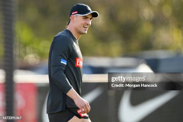 Brayden Maynard of the Magpies trains during a Collingwood Magpies AFL training session at Olympic Park Oval on September 11, 2023 in Melbourne,...