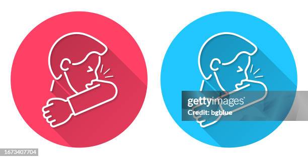 cough or sneeze into elbow. round icon with long shadow on red or blue background - cough or sneeze into elbow stock illustrations