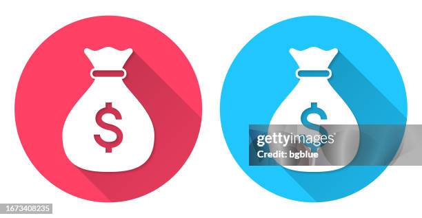 money bag with dollar sign. round icon with long shadow on red or blue background - money bag vector stock illustrations