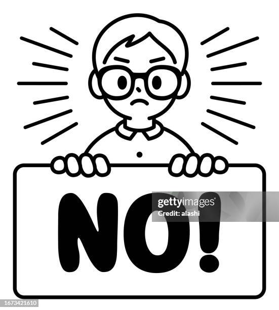 a boy with horn-rimmed glasses is holding a blank sign in anger, saying no, looking at the viewer, minimalist style, black and white outline - no symbol stock illustrations