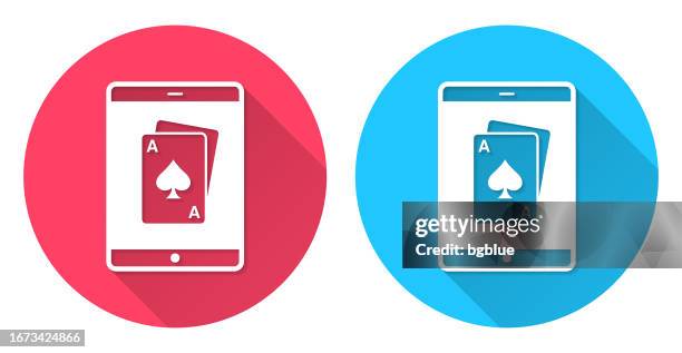 tablet pc with playing card. round icon with long shadow on red or blue background - blackjack stock illustrations