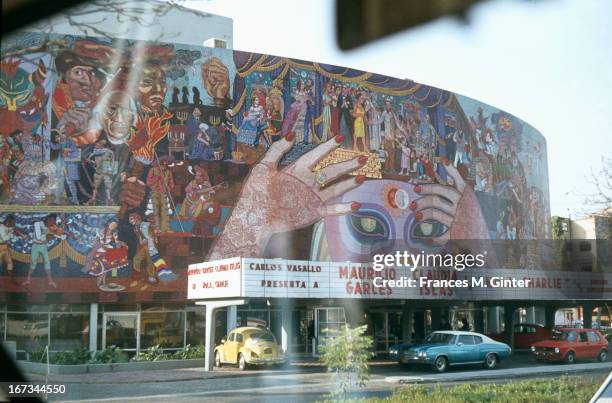 Driving along the Avenue de los Insurgentes with murals of Diego Rivera, Mexico City, Mexico, December 1978