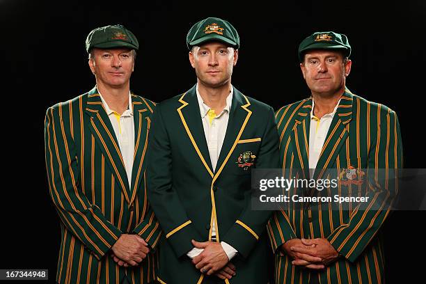 Former Australian Test captain Steve Waugh, current Australian Test captain Michael Clarke, and former Australian Test captain Mark Taylor pose...