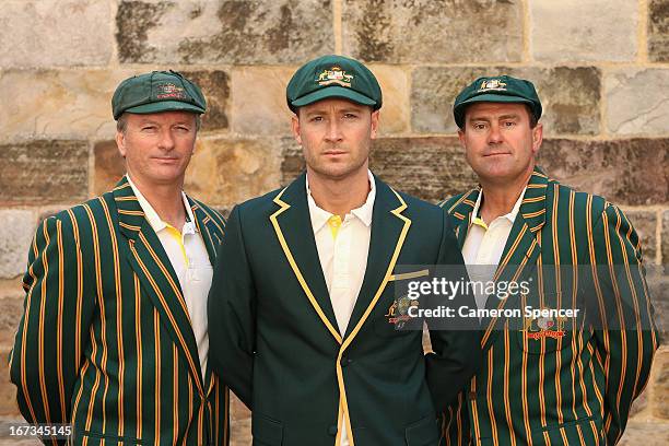 Former Australian Test captain Steve Waugh, current Australian Test captain Michael Clarke, and former Australian Test captain Mark Taylor pose...