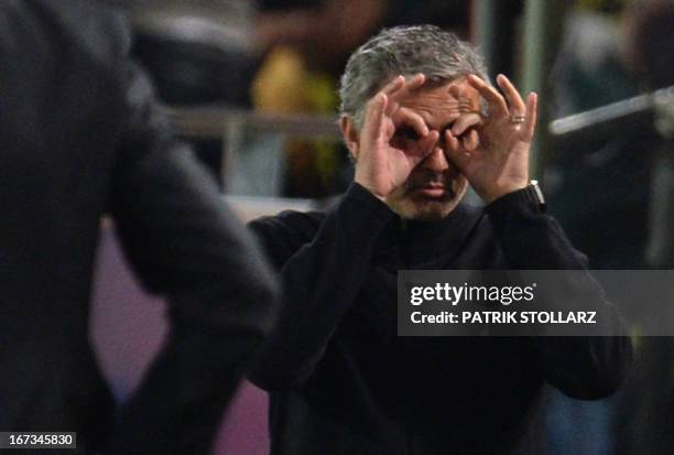 Real Madrid's Portuguese coach Jose Mourinho gestures during the UEFA Champions League semi final first leg football match between Borussia Dortmund...