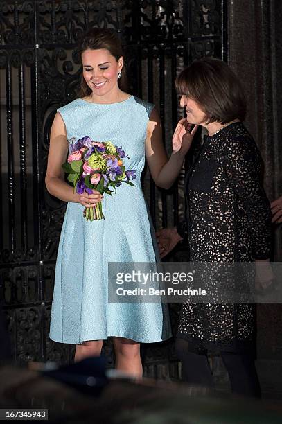 Catherine, Duchess of Cambridge sighted departing the National Portrait Gallery on April 24, 2013 in London, England.
