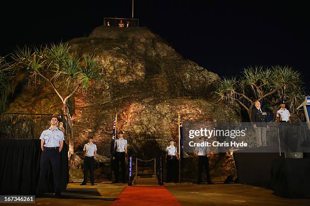 Australian Air Force cadets take part in the ANZAC dawn service at Currumbin Surf Life Saving Club on April 25, 2013 in Gold Coast, Australia....