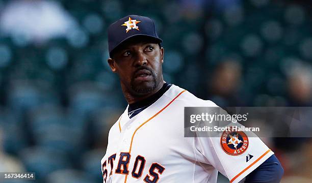 Houston Astros manager Bo Porter walks off the field in the ninth inning against the Seattle Mariners at Minute Maid Park on April 24, 2013 in...