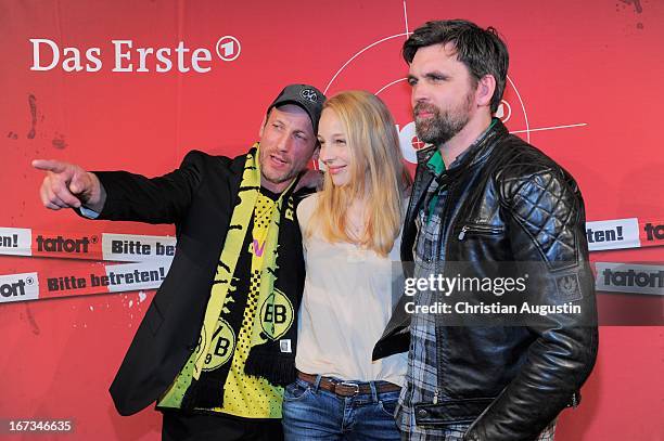 Wotan Wilke Moehring, Petra Schmidt-Schaller and Sebastian Schipper attend preview of Tatort "Feuerteufel" at Passage cinema on April 24, 2013 in...