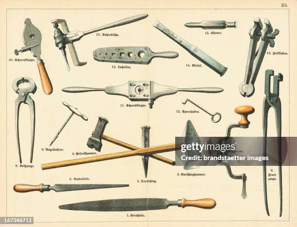 Professions - The locksmith's tools. About 1860. Coloured lithograph. From: Schreiber's Bilder-Werke für den Anschaungs-Unterricht in Schule und...