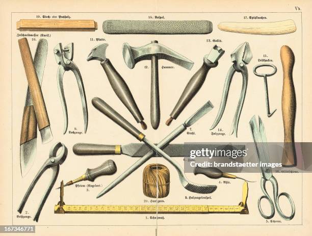 Professions - The shoemaker's tools. About 1860. Coloured lithograph. From: Schreiber's Bilder-Werke für den Anschaungs-Unterricht in Schule und...