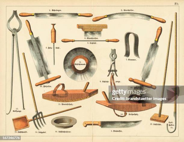 Professions - The tanner's tools. About 1860. Coloured lithograph. From: Schreiber's Bilder-Werke für den Anschaungs-Unterricht in Schule und Haus....