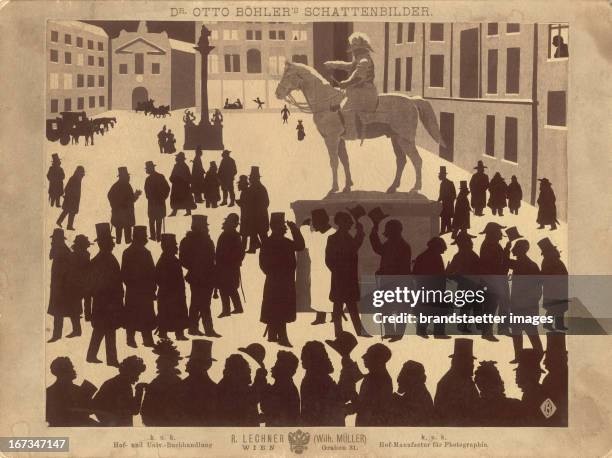 Viennese celebrities at the square Am Hof. In the middle the monument of field marshal Radetzky. Silhouette by Otto Boehler. About 1905. Bekannte...