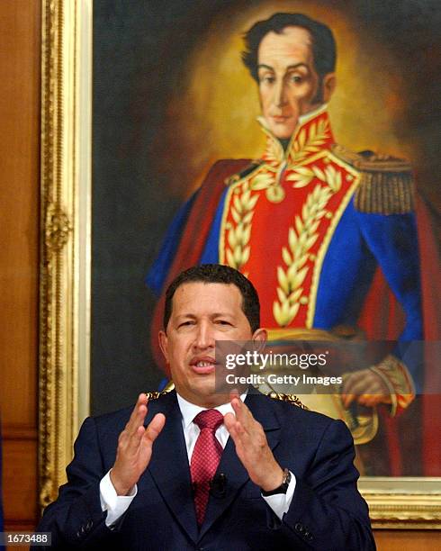 Venezuelan President Hugo Chavez delivers a televised address to the nation at Miraflores Presidential Palace December 5, 2002 in Caracas, Venezuela....
