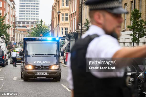 An escorted armoured police van arrives at Westminster Magistrates Court ahead of an appearance by former soldier Daniel Khalife on September 11,...
