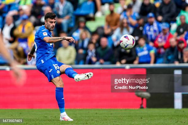 Diego Rico of Getafe CF looks to pass the ball during the LaLiga EA Sports match between Getafe CF and CA Osasuna at Coliseum Alfonso Perez in...