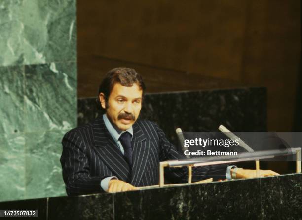 Algerian Foreign Minister Abdelaziz Bouteflika addressing the United Nations in New York, October 12th 1977.