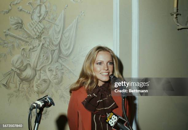 American actress Cheryl Ladd speaking to members of the press in New York, October 20th 1977.