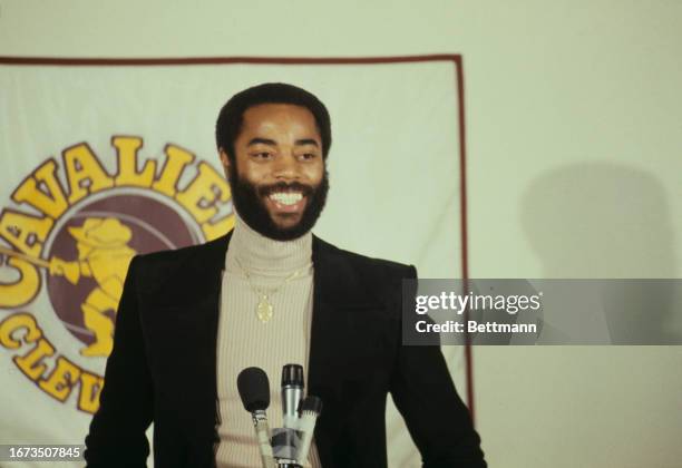 American basketball player Walt Frazier, of the Cleveland Cavaliers, pictured at a press conference in Cleveland, October 12th 1977.