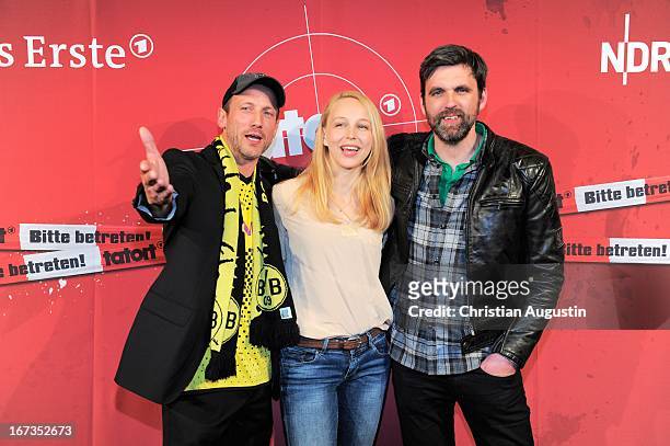 Wotan Wilke Moehring, Petra Schmidt-Schaller and Sebastian Schipper attend preview of Tatort "Feuerteufel" at Passage cinema on April 24, 2013 in...