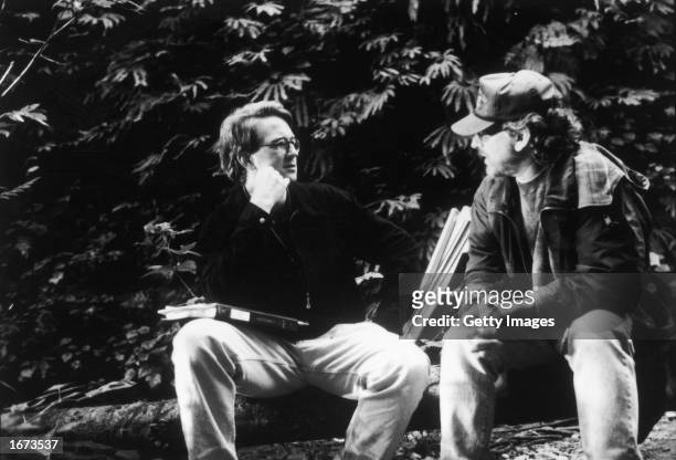 American director Steven Spielberg speaks with assistant director David Koepp on the set of Spielberg's film, 'The Lost World: Jurassic Park,' 1997.