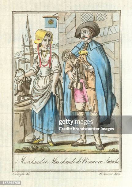 Professions - Brush seller und market woman in Vienna. Austria. 1805/06. Coloured copper etching by Jacques Grasset de St. Sauveur after a drawing by...