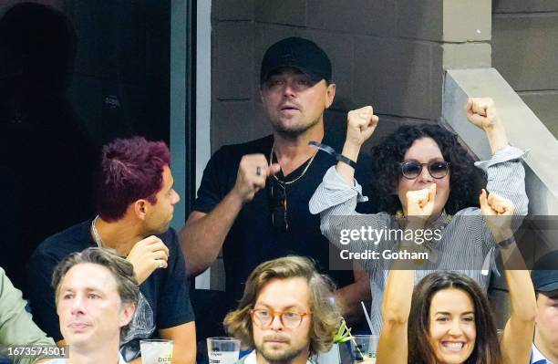 Leonardo DiCaprio and Sara Gilbert watch the Men's final match between Novak Djokovic and Danill Medvedev at the 2023 US Open Tennis Championships on...