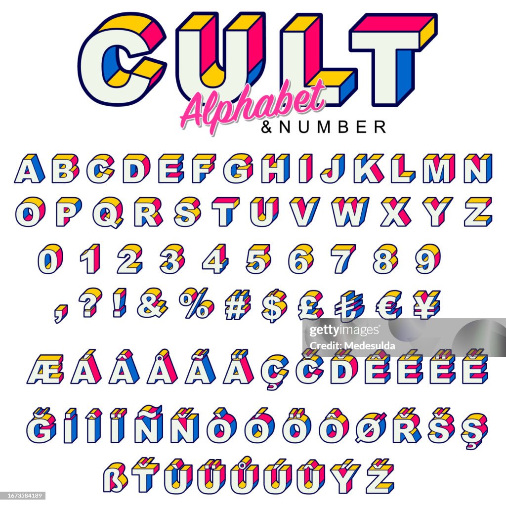 Three-dimensional Outlined Vector Illustration of Alphabet, Numbers and Non-Western Letters.