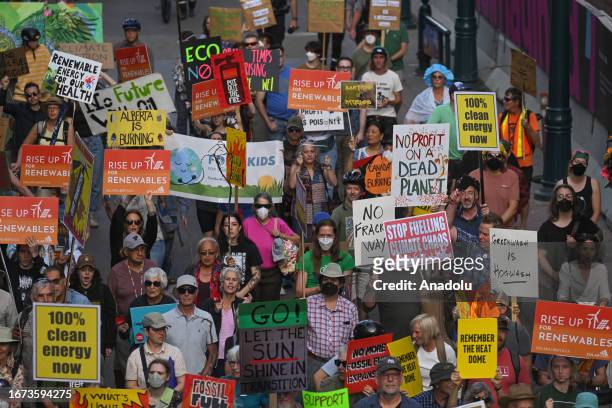 Activists gather for a 'Rally for Climate Sanity' outside Calgary's Town Hall in opposition to the 24th World Petroleum Congress Opening Ceremony, on...