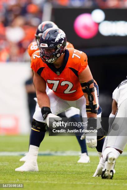 Offensive tackle Garett Bolles of the Denver Broncos lines up during the second quarter against the Las Vegas Raiders at Empower Field at Mile High...