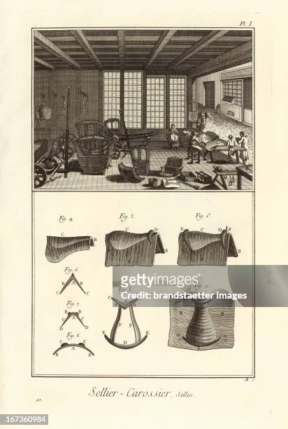 Professions - The saddler. Etching. From Diderot dÁlembert. Encyclopedie ou dictionnaire raisonne des sciences des art et des metiers. Livorno. 1771....