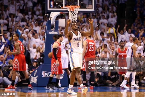Serge Ibaka of the Oklahoma City Thunder celebrates after Russell Westbrook scored against the Houston Rockets during the third quarter of Game Two...