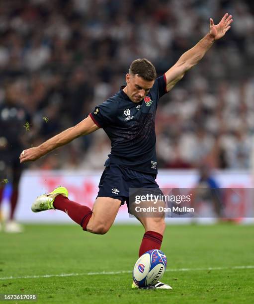 George Ford of England kicks a penalty during the Rugby World Cup France 2023 match between England and Argentina at Stade Velodrome on September 09,...