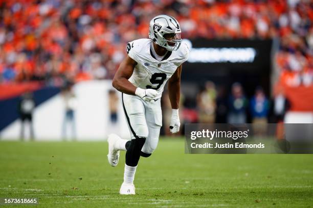 Defensive end Tyree Wilson of the Las Vegas Raiders rushes the passer during the fourth quarter against the Denver Broncos at Empower Field at Mile...