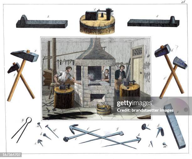 Blacksmith. From: 30 Werkstaetten von Handwerkern. Schreiber: Eßlingen. Colored Lithograph. About 1860. Berufe: Nagelschmied. Aus: 30 Werkstätten von...