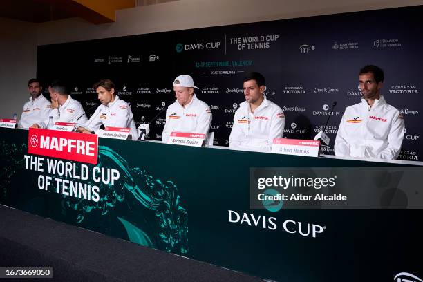 Marcel Granollers, Roberto Bautista, David Ferrer, Alejandro Davidovich Fokina, Bernabe Zapata Miralles and Albert Ramos of Spain attend the press...